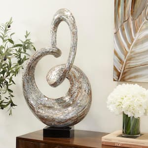 Gray Mother of Pearl Swirl Abstract Sculpture with Black Base