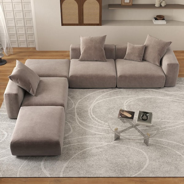 J&E Home 129.92 in. Square Arm 5-Piece Corduroy Modular Free Combination Sectional Sofa in Brown with Ottoman and Removable Cover
