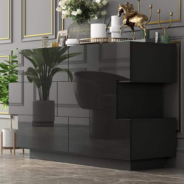 FUFU&GAGA 15.7 in. D x 30.7 in. H High Gloss Black Wood 6-Drawer 46.1 in. W Chest of Drawers Storage Cabinet Modern Style