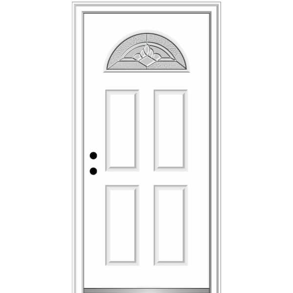 MMI DOOR 32 in. x 80 in. Grace Right-Hand Inswing Fan-Lite Decorative 4-Panel Primed Steel Prehung Front Door on 6-9/16 in. Frame