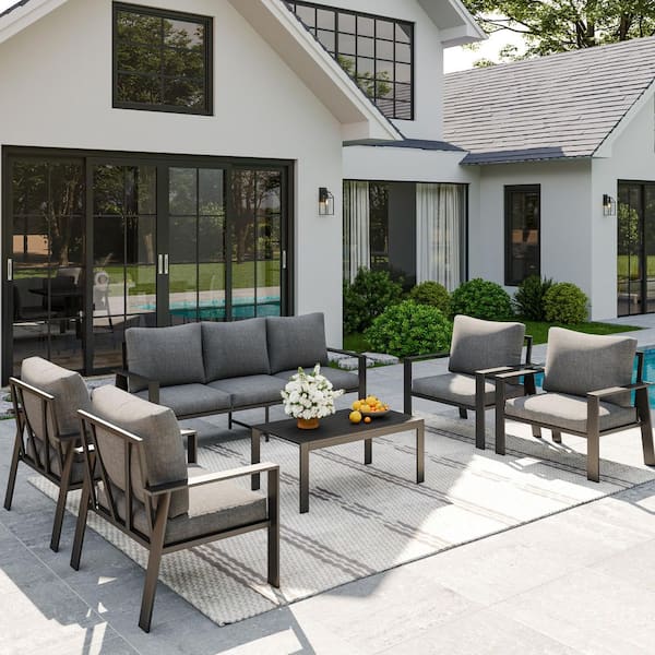 Gray Aluminum Frame 7-Person Outdoor Conversation Set with Gray Cushions