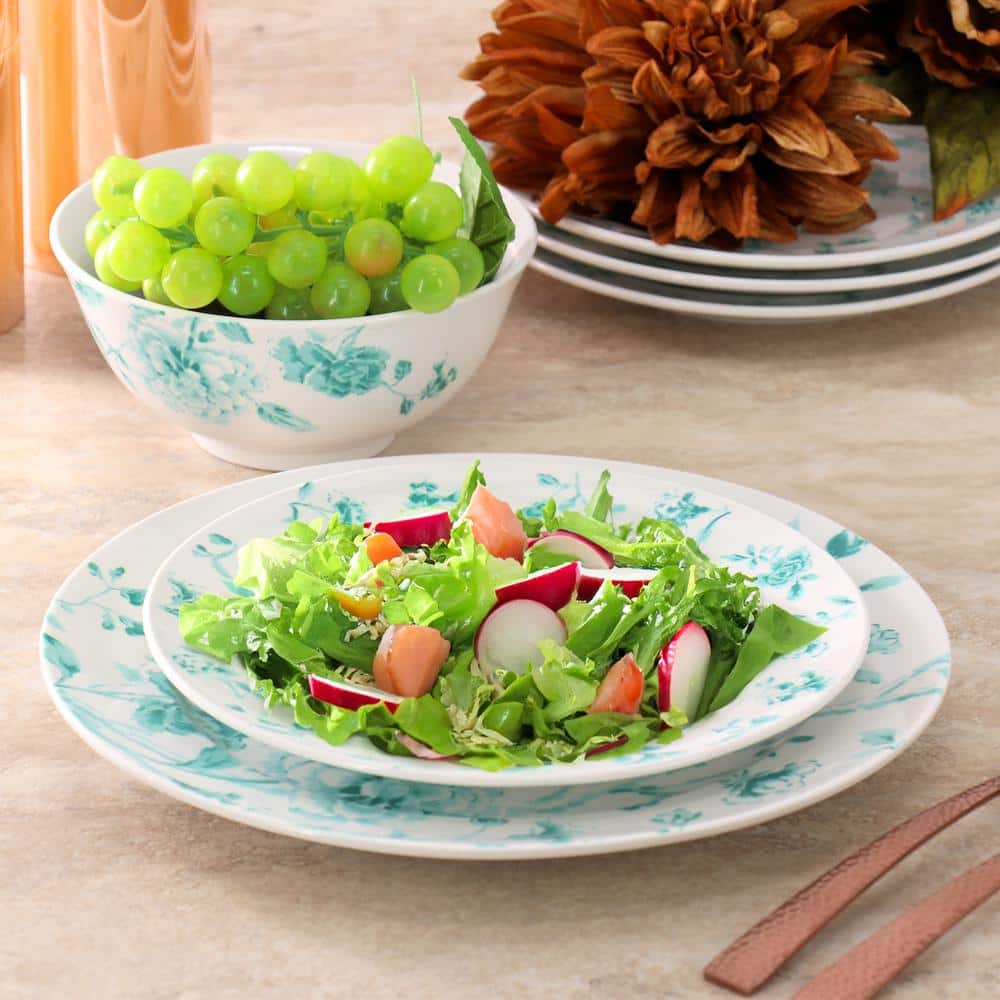 Teal Floral Porcelain 12-Piece Round Dinnerware Set