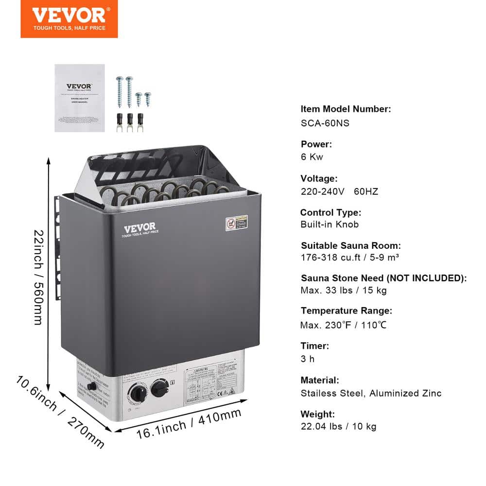 VEVOR 6KW Black Stainless Steel Electric Sauna Heater