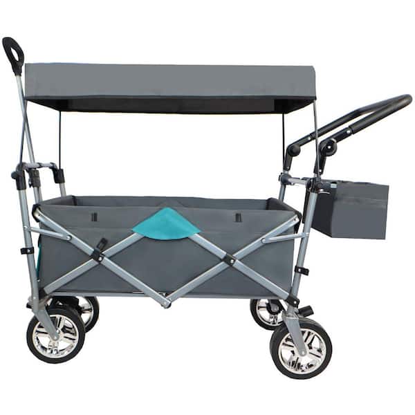 Unbranded Gray Push and Pull Utility Folding Wagon with Removable Canopy, Camping Serving Cart