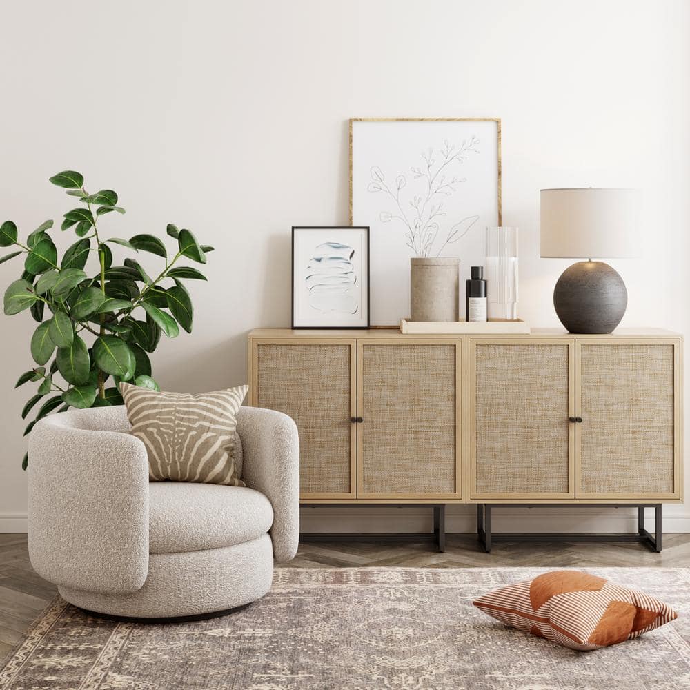 Light Oak and Cane Freestanding Storage Cabinet with Adjustable Shelves