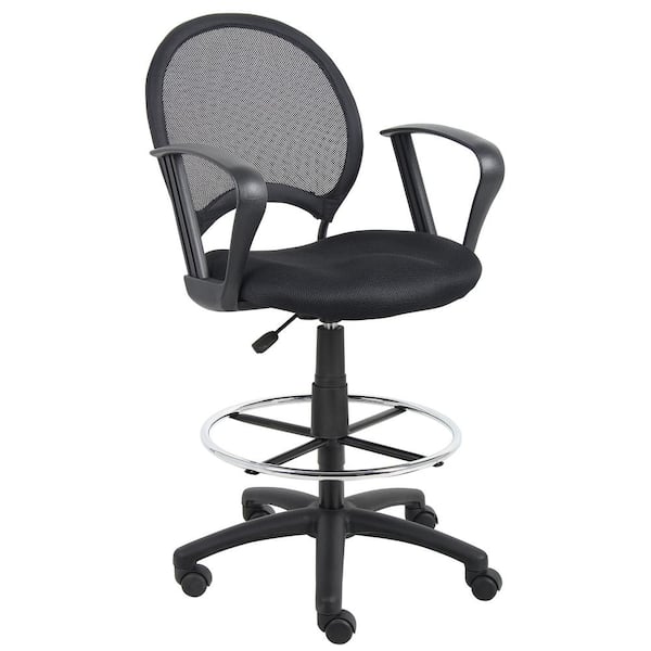 BOSS Office Products Black Mesh Drafting Stool with Loop Arms
