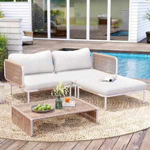 3-Piece Drawcord Metal Outdoor Sectional Set with Beige Cushions