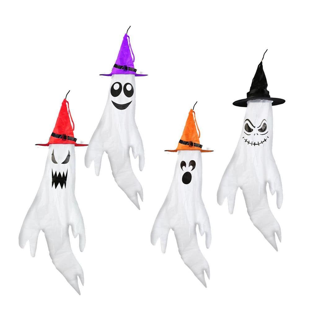 maocao hoom 4-Pieces Halloween Ghosts w/ Witch Hats Windsocks Hanging Decoration w/ LED Light Flag Wind Socks, Halloween Inflatable
