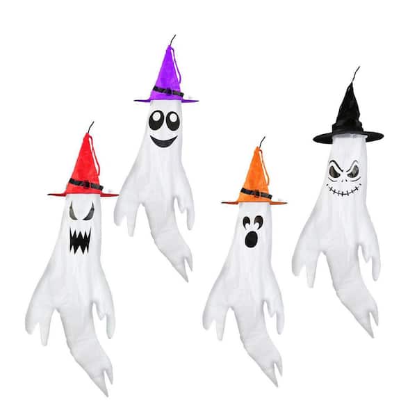 4-Pieces Halloween Ghosts w/ Witch Hats Windsocks Hanging Decoration w/ LED Light Flag Wind Socks, Halloween Inflatable