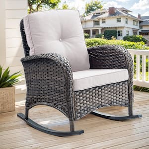 PlainCurve Metal and Brown Wicker Outdoor Rocking Chair with Olefin Beige Cushions