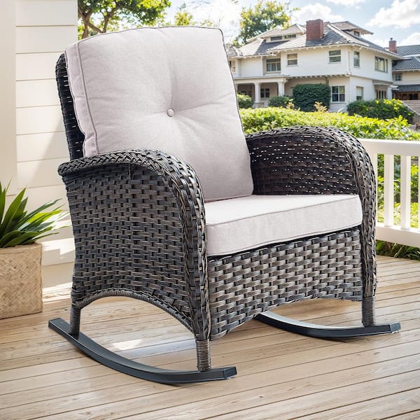 Opohoro PlainCurve Metal and Brown Wicker Outdoor Rocking Chair with Olefin Beige Cushions