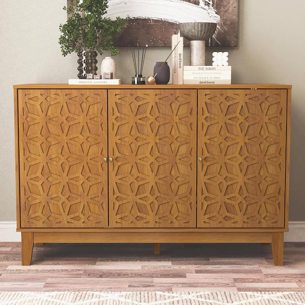 GALANO Verbus Origami Amber Walnut Wood 45.9 in. 3 Door Sideboard with Adjustable Shelves