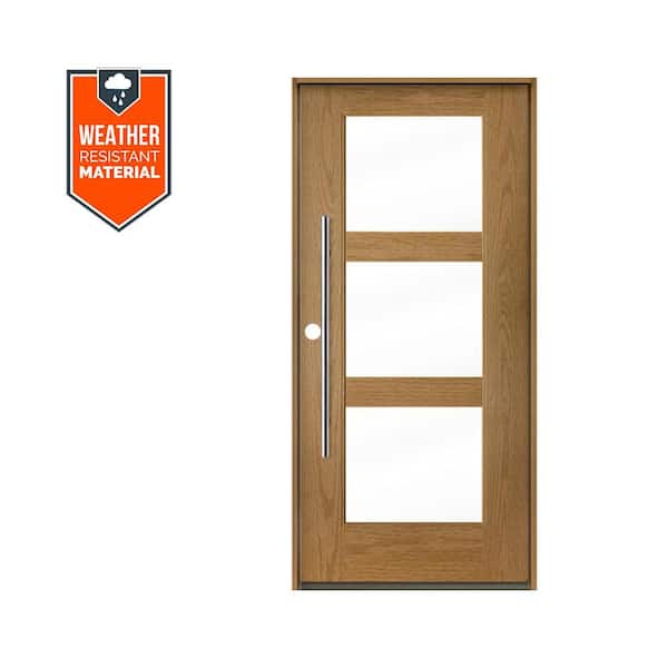 Krosswood Doors Modern Faux Pivot 36 in. x 79 in. 3-Lite Right-Hand/Inswing Clear Glass Bourbon Stain Fiberglass Prehung Front Door
