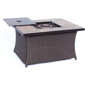 9.8 in. Wicker Fire Pit Table in Brown with Porcelain Stone Tile-Top