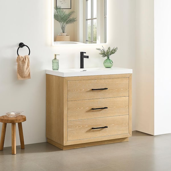 Sigrid 36 in. Single Freestanding White Oak Bath Vanity with White Artificial Stone Top Assembled