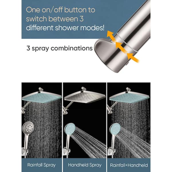 1-Piece 12 in. High Pressure Rain Shower Head with Mounting Hardware in Brushed Nickel, Dual Shower Heads with 8 Modes