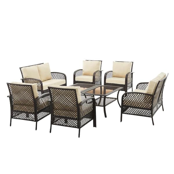 CROSLEY FURNITURE Tribeca Brown 8-Pieces Wicker Patio Conversation Set with Sand Cushions