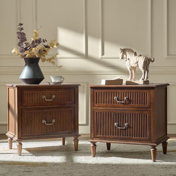 Weer Walnut Farmhouse Solid Wood 2-Drawer 23.6 in. W Nightstand Set of 2