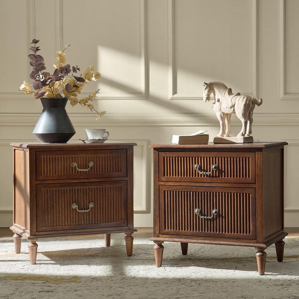 JAYDEN CREATION Weer Walnut Farmhouse Solid Wood 2-Drawer 23.6 in