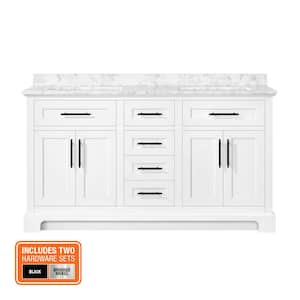 Doveton 60 in. Double Sink Freestanding White Bath Vanity with White Engineered Marble Top (Fully Assembled)