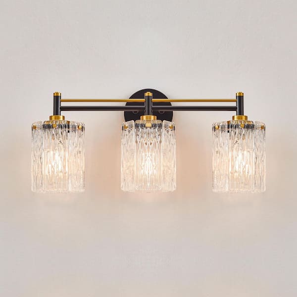 23.25 in. 3-Light Black and Golds Vanity Light with Textured Clear Glass Shades