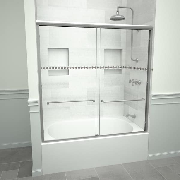 Tile Redi 6000 Series 60 in. W x 60 in. H Sliding Semi-Frameless Tub Doors in Brushed Nickel with Towel Bar and Clear Glass
