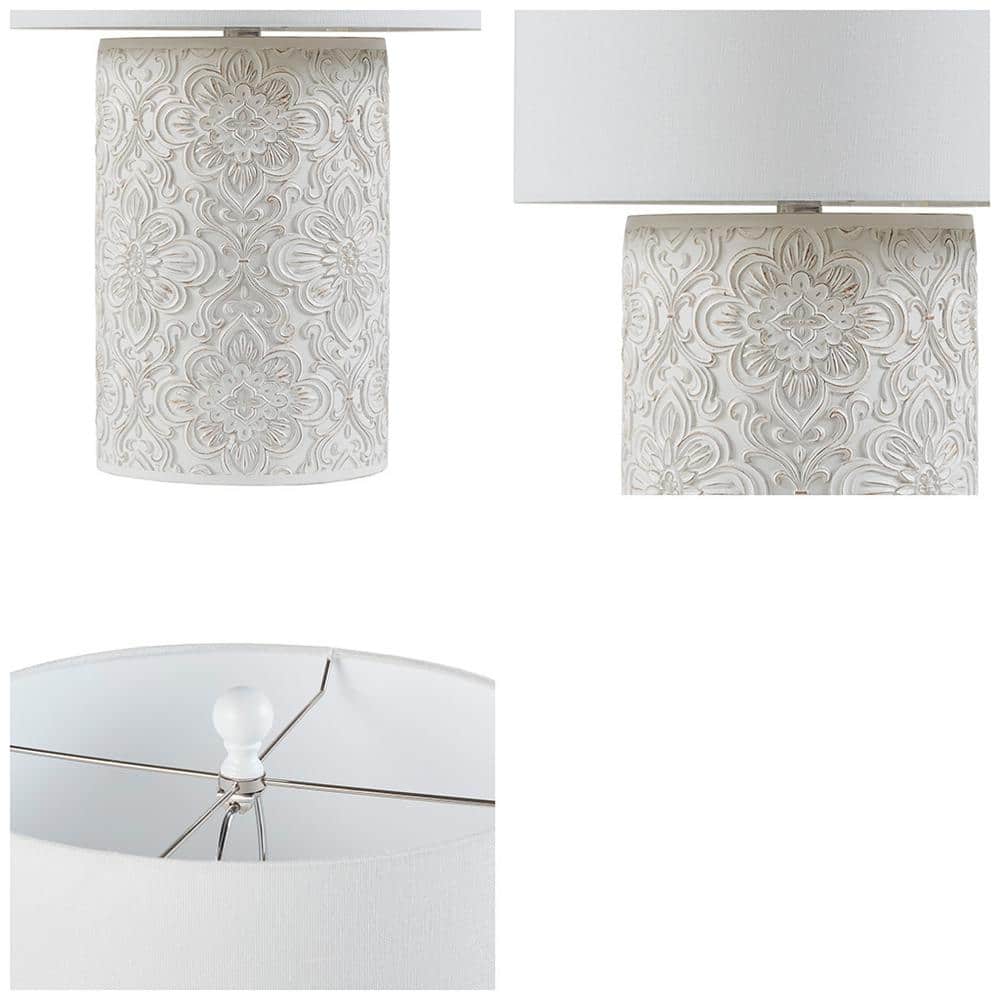Ivory Floral Embossed Resin Cylinder Table Lamp with 3-Way Switch