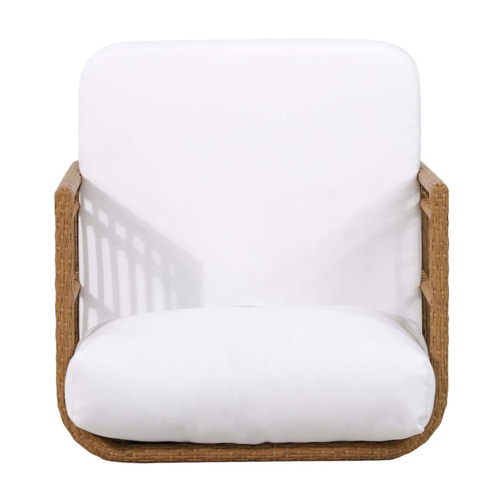 Light Brown Wicker Outdoor Club Chair with White Cushions, Set of 2