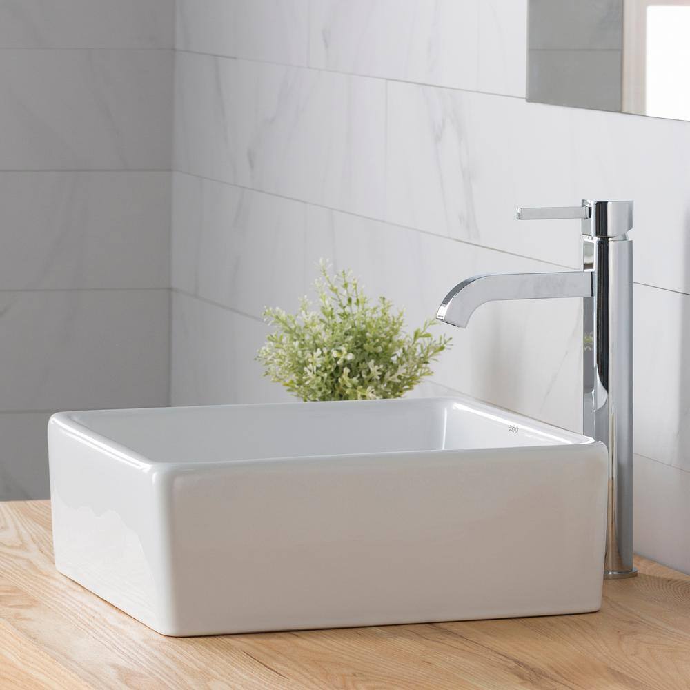 White Ceramic Square Vessel Sink with Chrome Faucet