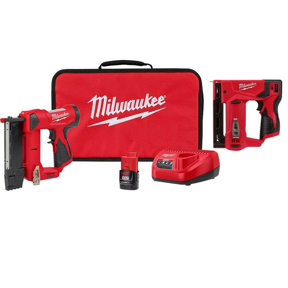 M12 12-Volt 23-Gauge Lithium-Ion Cordless Pin Nailer Kit with M12 12-Volt Lithium-Ion Cordless 3/8 in. Crown Stapler -  Milwaukee, 2540-21-2447-20