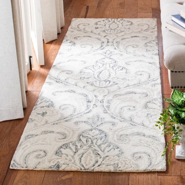 Micro Loop 2 ft. x 13 ft. Ivory/Gray Floral Runner Rug