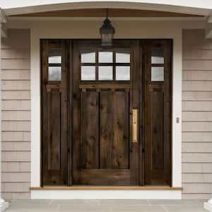 64 in. x 80 in. Craftsman Alder Left Hand Clear 6-Lite Clear Glass Black Stain Wood Prehung Front Door with Sidelites