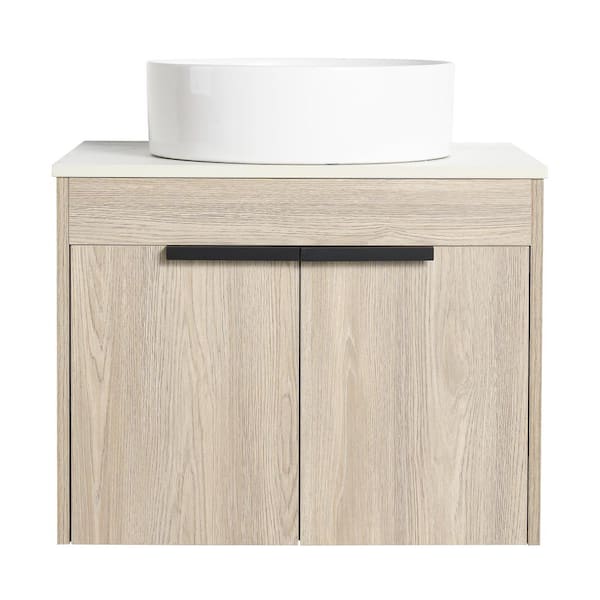 JimsMaison 24 in. W x 19 in. D x 24 in. H Wall-Mounted Bath Vanity in White Oak with White Engineered Stone Composite Top and Sink