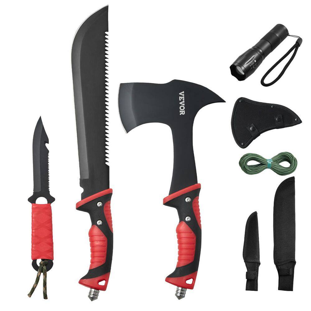 Camping Hatchet and Machete Knife Set with Sheath, Hunting Knife, Flashlight, Paracord, 16 in. Machete, Stainless