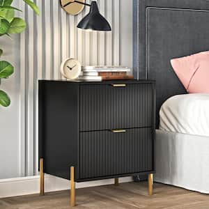Modern Accent Black 2-Drawers 20 in. Wide Nightstand Stylish Golden Metal Handle (Set of 2)