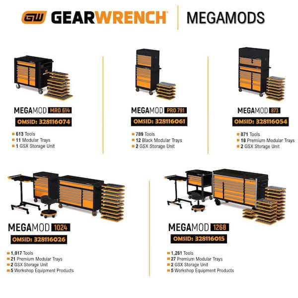 MEGAMOD 52 in. x 18 in. 11-Drawer Mobile Workbench Cabinet with Master Mechanics Tool Set in Foam Trays (1,024-Pieces)