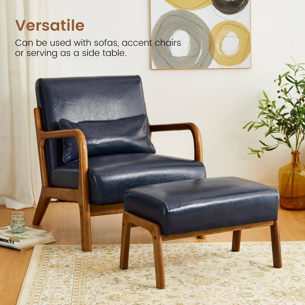 Set of 2 Navy Blue Leatherette Accent Chairs with Walnut Legs