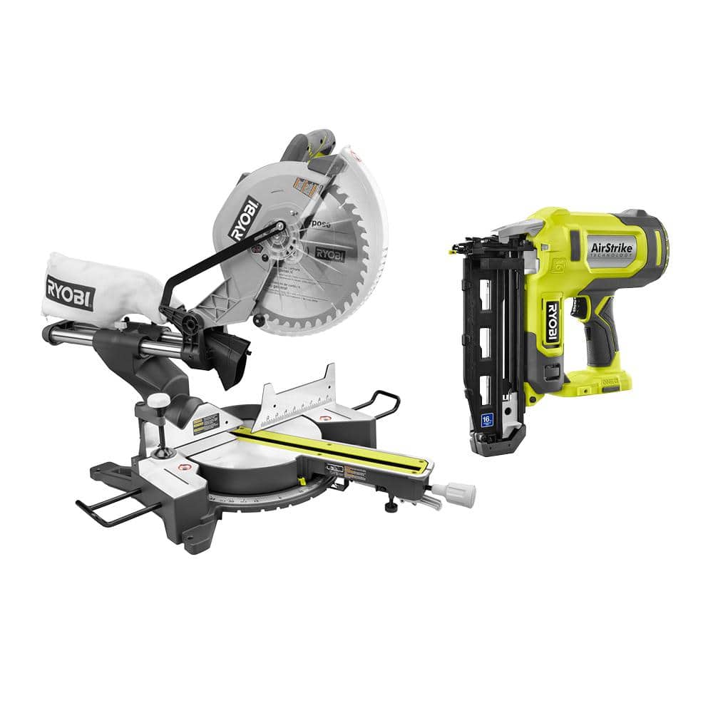 RYOBI 15 Amp Corded 12 in. Sliding Compound Miter Saw and ONE+ 18V 16-Gauge Cordless AirStrike Finish Nailer (Tool Only) -  TSS121-P326