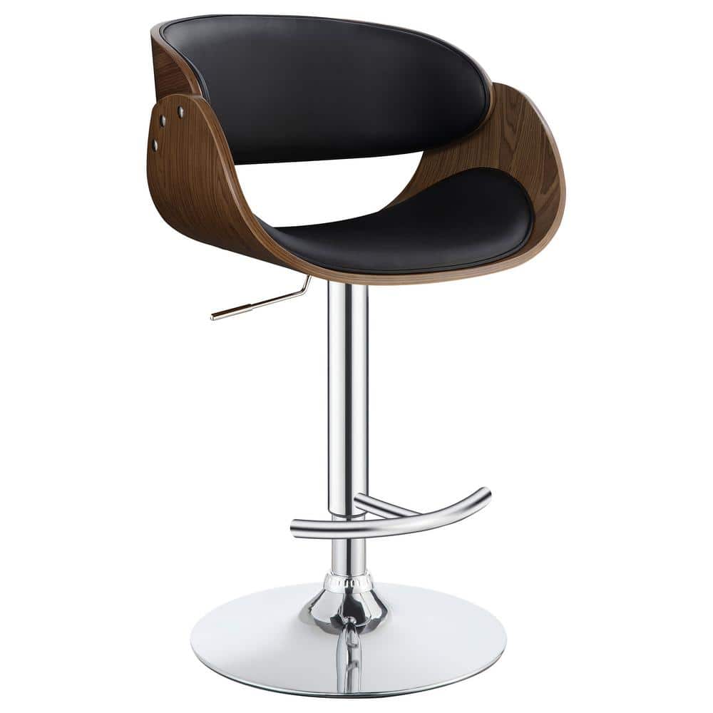 Black Adjustable Swivel Bar Stool with Walnut Wood and Chrome Base