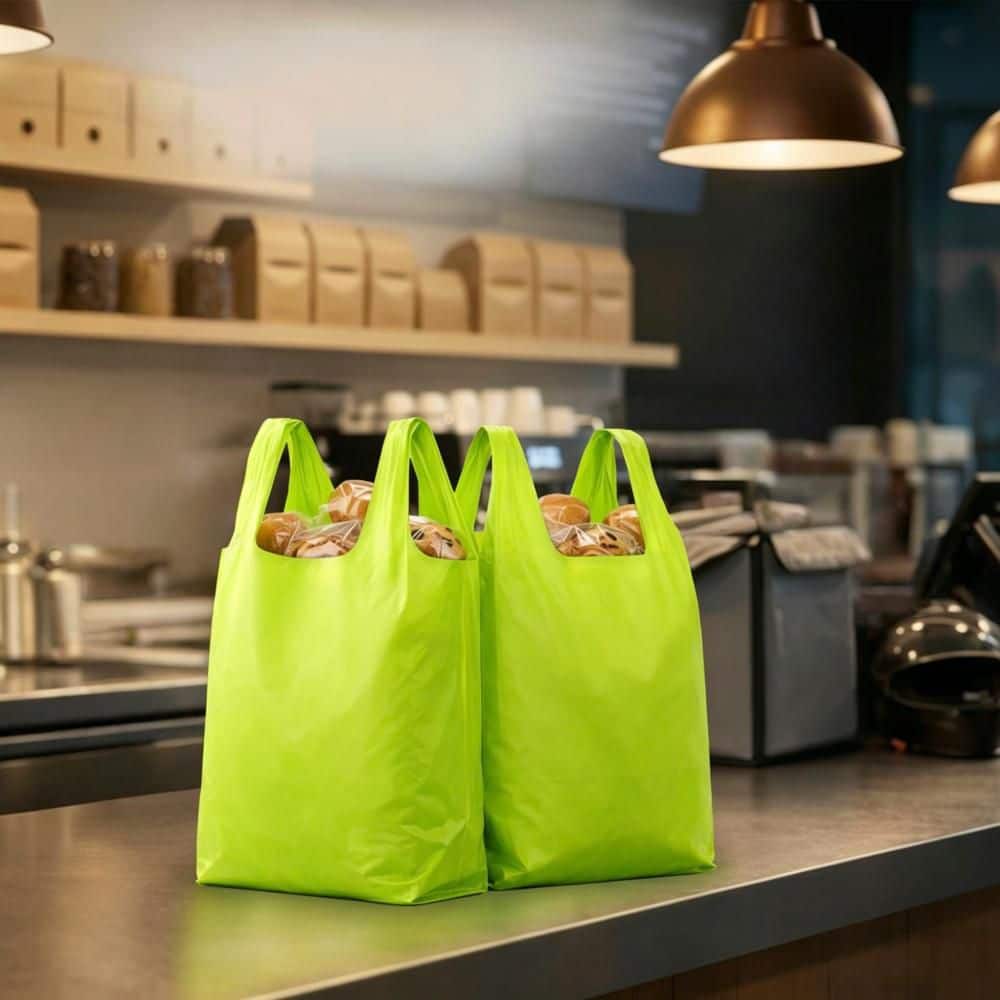 Esepony Plastic Reusable Grocery Bag with Thank You and Handles for Retail, Grocery, Supermarket, and Takeout, Green (100-Pack)