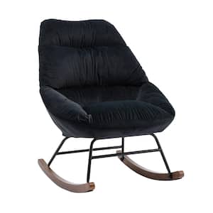 Black Velvet Upholstered Padded Seat Rocking Chair with Swing Back and Rubberwood Leg