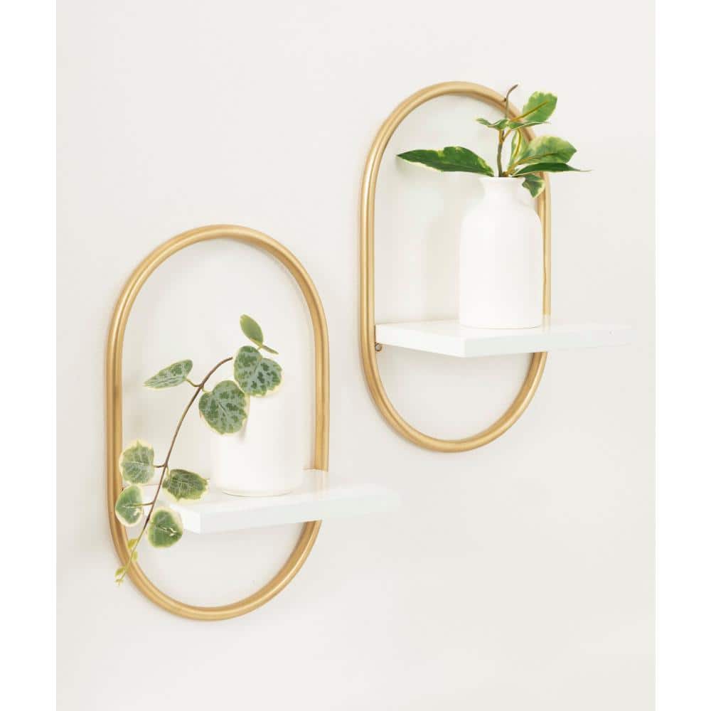 White and Gold Modern Floating Wall Shelves Set of 2