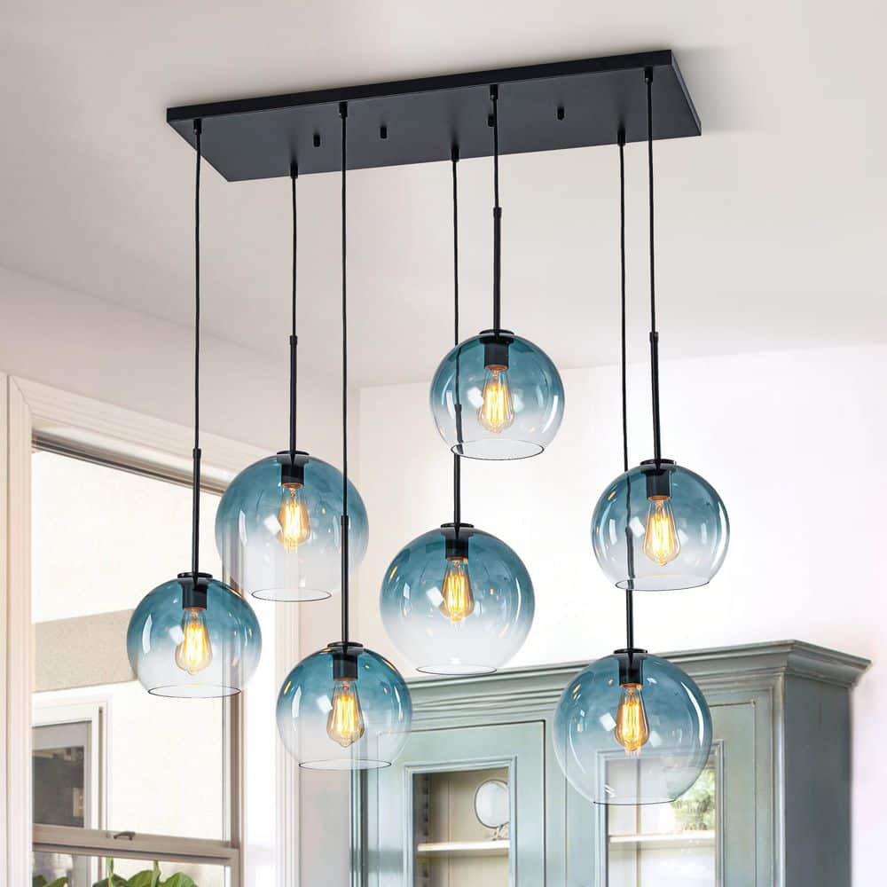HUOKU Reverso 7-Light 41.7 in. W Matte Black Waterfall Cluster