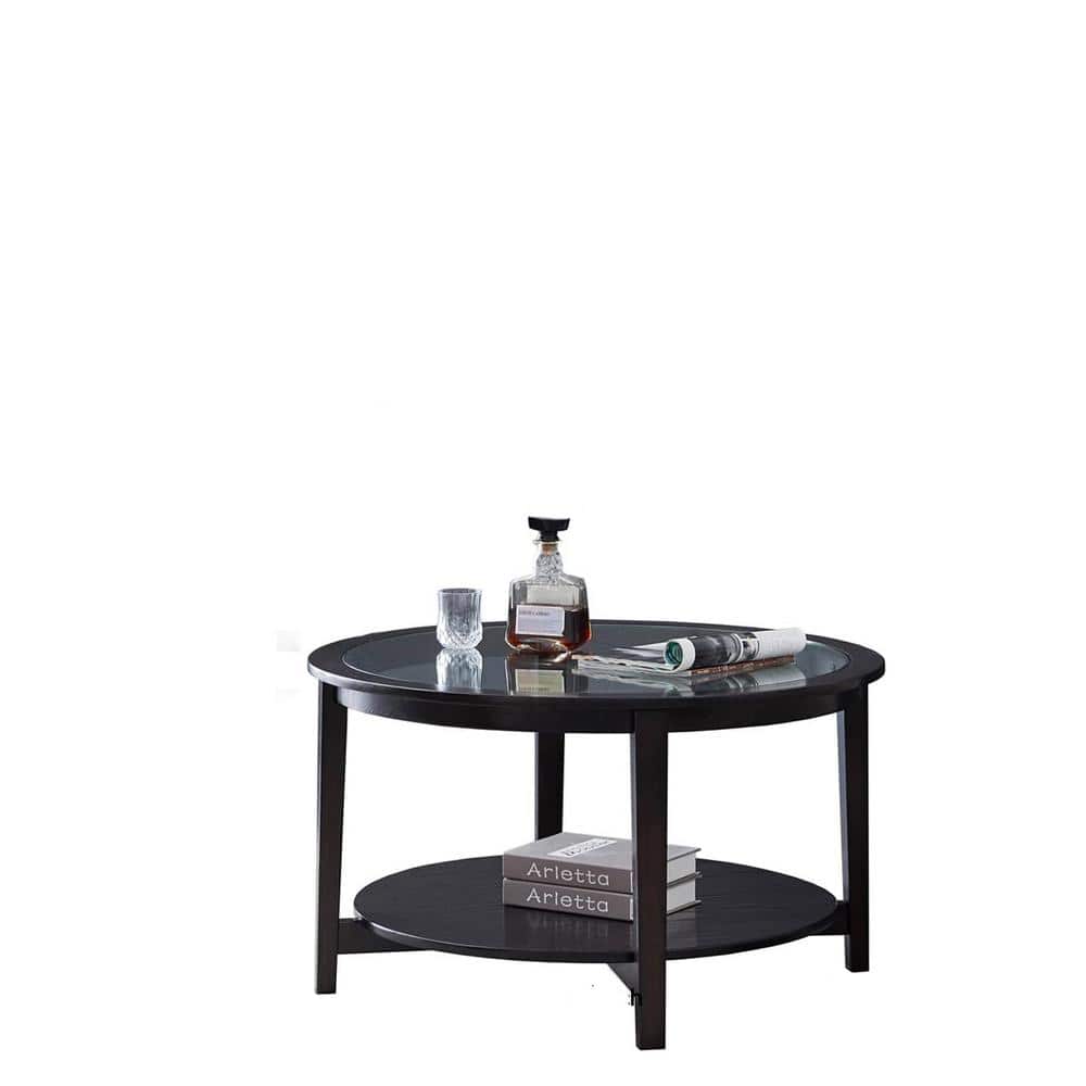 Black Round Solid Wood Outdoor Coffee Table with Tempered Glass Top
