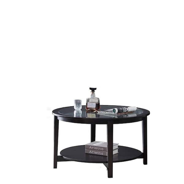 Unbranded Black Round Solid Wood Outdoor Coffee Table with Tempered Glass Top