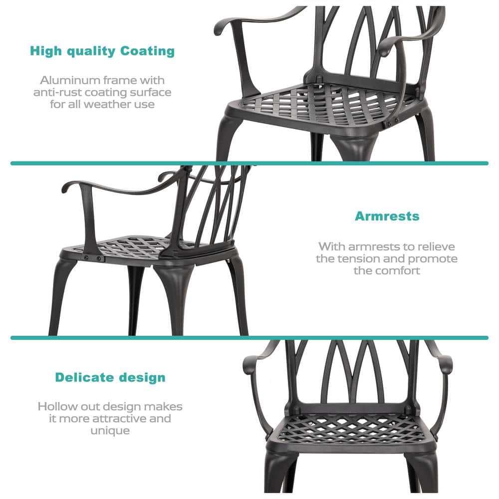 Black Cast Aluminum 3-Piece Bistro Set with Grey Cushions
