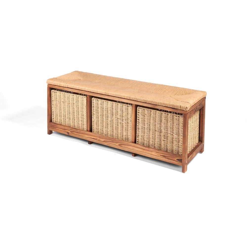 Brown Pine Kid's Storage Bench with Woven Top and Baskets