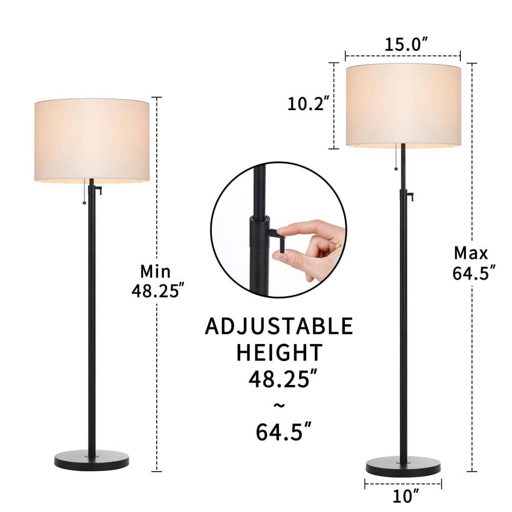Adjustable Black Metal Floor Lamp with Beige Drum Shade