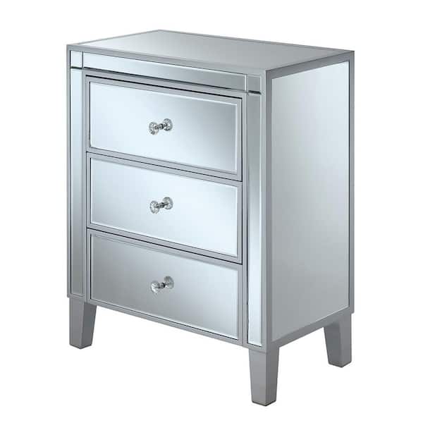 Convenience Concepts Gold Coast 23.75 in. W x 28.5 in. H Silver and Mirror Rectangle Glass Top End Table with 3-Drawers