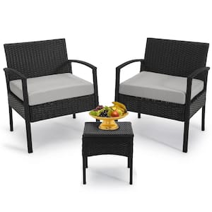 3-Piece Black PE Wicker Patio Outdoor Conversation Set with Gray Cushions and Glass Coffee Table